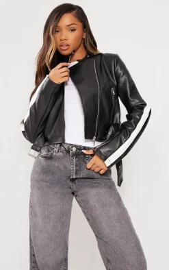Black Faux Leather Contrast Panel Cropped Biker Jacket
