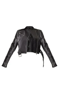 Black Faux Leather Contrast Panel Cropped Biker Jacket