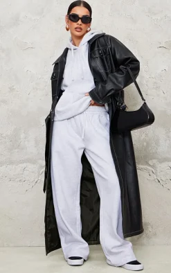 Black Faux Leather Contrast Stitch Split Hem Trench Coat