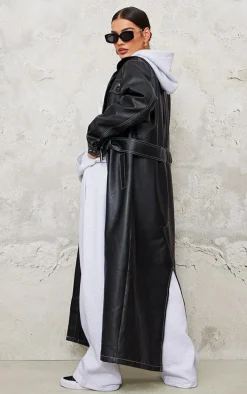 Black Faux Leather Contrast Stitch Split Hem Trench Coat