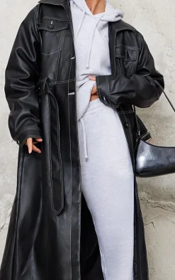 Black Faux Leather Contrast Stitch Split Hem Trench Coat