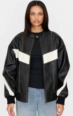 Black Faux Leather Contrast Panel Longline Bomber Jacket