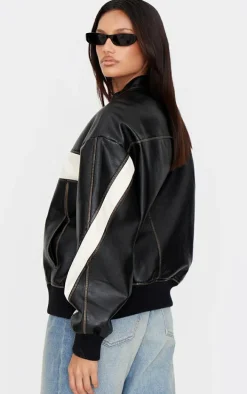 Black Faux Leather Contrast Panel Longline Bomber Jacket