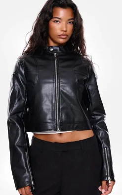 Black Faux Leather Cropped Biker Jacket