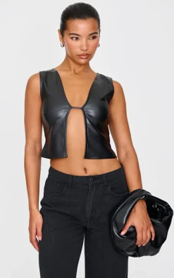 Black Faux Leather Cut Out Crop Top