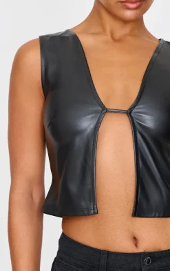 Black Faux Leather Cut Out Crop Top