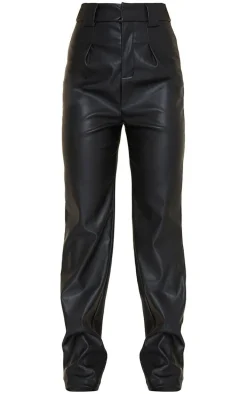 Black Faux Leather Dart Pocket Straight Leg Pants