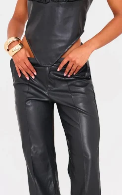 Black Faux Leather Dip Waist Flared Pants