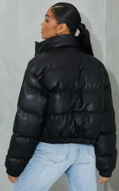 Black Faux Leather Elastic Hem Bubble Puffer