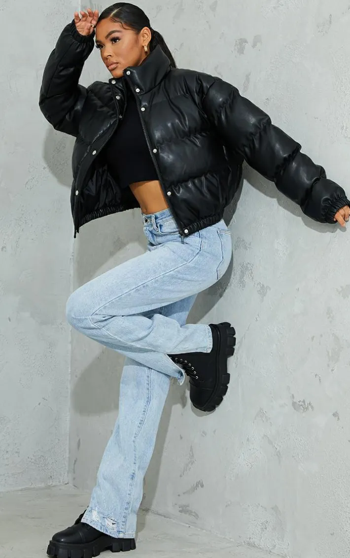 Black Faux Leather Elastic Hem Bubble Puffer