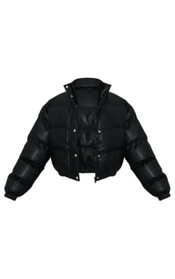 Black Faux Leather Elastic Hem Bubble Puffer