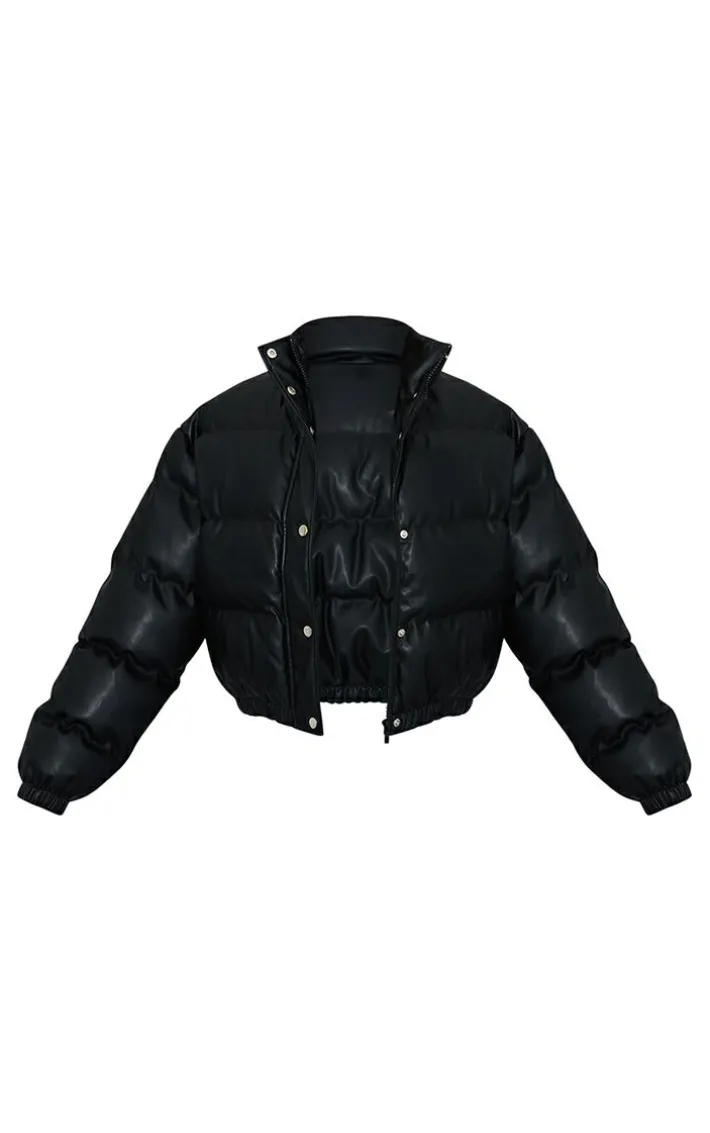 Black Faux Leather Elastic Hem Bubble Puffer