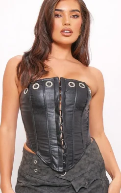 Black Faux Leather Eyelet Detail Boned Hook And Eye Corset