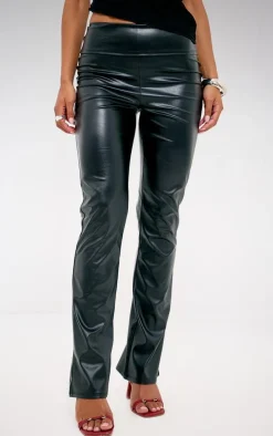 Black Faux Leather Fold Over Waist Straight Leg Pant