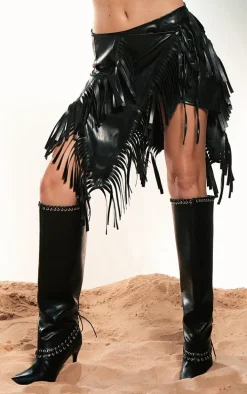 Black Faux Leather Fringed Mini Skirt