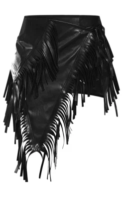 Black Faux Leather Fringed Mini Skirt