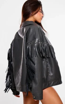 Black Faux Leather Fringe Detail Studded Oversized Jacket