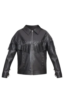 Black Faux Leather Fringe Detail Studded Oversized Jacket