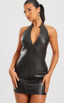 Black Faux Leather Halterneck Low Back Bodycon Dress