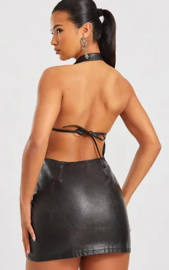 Black Faux Leather Halterneck Low Back Bodycon Dress