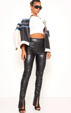 Black Faux Leather High Waisted Seam Detail Split Hem Pants