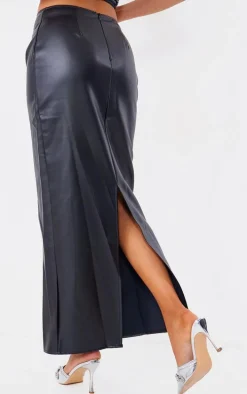 Black Faux Leather High Waist Split Hem Maxi Skirt