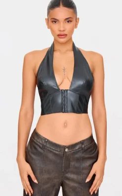 Black Faux Leather Hook & Eye Plunge Crop Top
