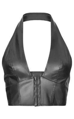 Black Faux Leather Hook & Eye Plunge Crop Top