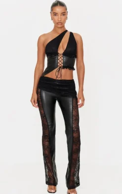 Black Faux Leather Lace Ruched Waist Flared Pants