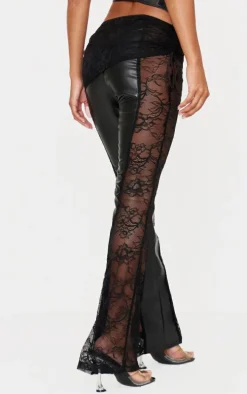 Black Faux Leather Lace Ruched Waist Flared Pants