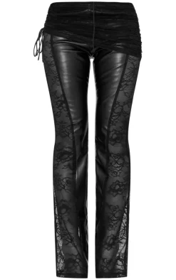 Black Faux Leather Lace Ruched Waist Flared Pants