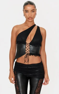 Black Faux Leather Lace Trim Tie Up V Neck Top