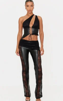 Black Faux Leather Lace Trim Tie Up V Neck Top