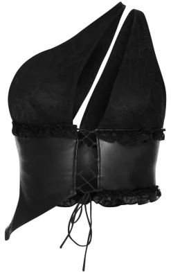 Black Faux Leather Lace Trim Tie Up V Neck Top