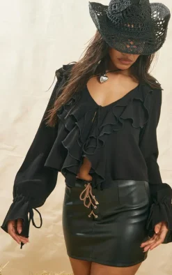 Black Faux Leather Lace Up Front Mini Skirt