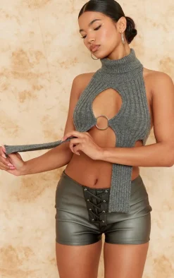 Black Faux Leather Lace Up Hot Pant