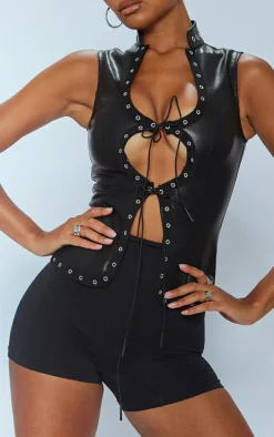 Black Faux Leather Lace Up Cut Out Plunge Sleeveless Long Top