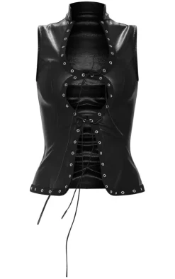 Black Faux Leather Lace Up Cut Out Plunge Sleeveless Long Top