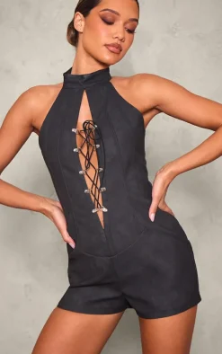 Black Faux Leather Lace Up Halterneck Romper