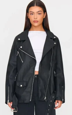 Black Faux Leather Longline Belted Biker Jacket