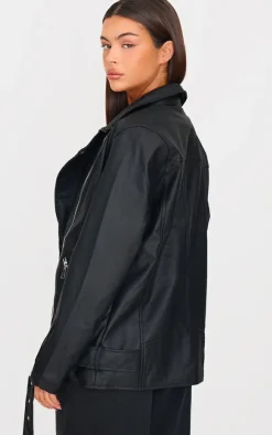 Black Faux Leather Longline Belted Biker Jacket