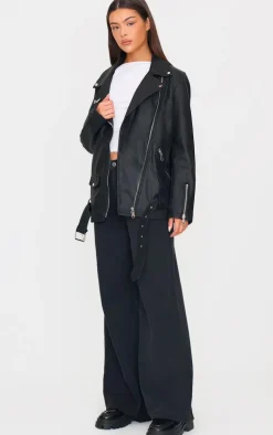 Black Faux Leather Longline Belted Biker Jacket