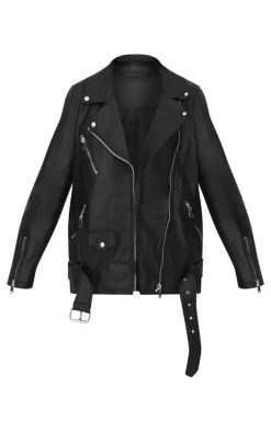 Black Faux Leather Longline Belted Biker Jacket