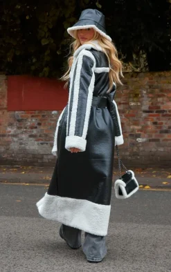 Black Faux Leather Oversized Lapel Borg Lined Belted Coat