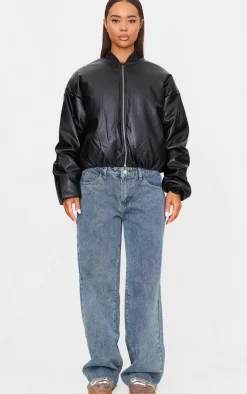 Black Faux Leather Oversized Bomber Jacket