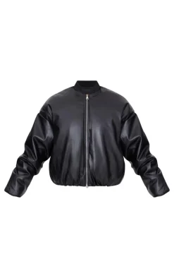 Black Faux Leather Oversized Bomber Jacket