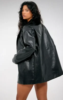 Black Faux Leather Oversized Long Blazer