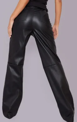 Black Faux Leather Pleat Detail Wide Leg Pants