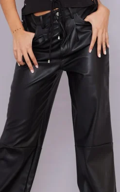 Black Faux Leather Pleat Detail Wide Leg Pants