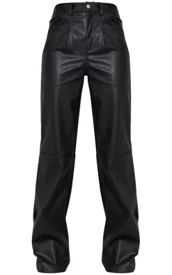 Black Faux Leather Pleat Detail Wide Leg Pants